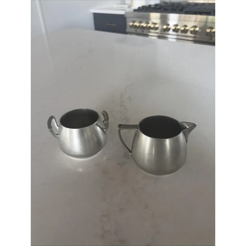 VTG 1940s R. H. Macy & Co. Solid Pewter Creamer & Sugar Bowl Signed Farmhouse